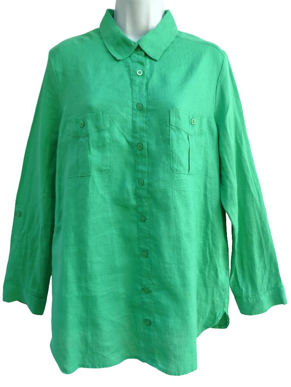 LiNeN Peck & Peck Green Button Front Shirt Extended Chest Pockets Long Sleeve L